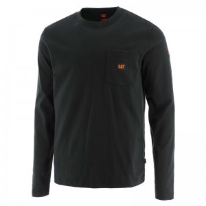 Black CatFootweat Flame Resistant Logo Pocket Long Sleeve Tee Men's Clothing | TK7185932