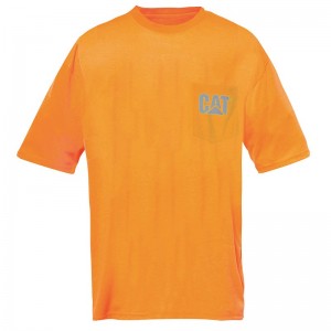 Orange CatFootweat Hi-Vis Trademark Pocket Tee Men's Clothing | FL3690824