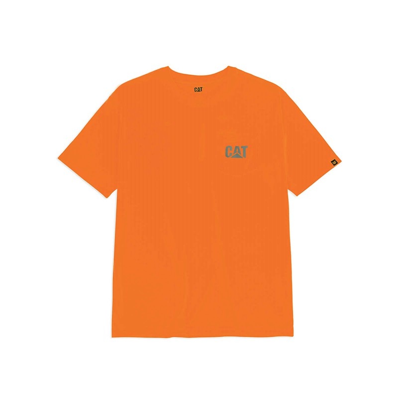 Orange CatFootweat Hi-Vis Trademark Pocket Tee Men's Clothing | FL3690824